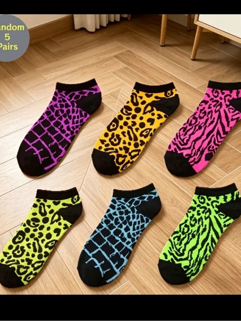 Neon Animal Print Low-Cut Socks - Pack of 5